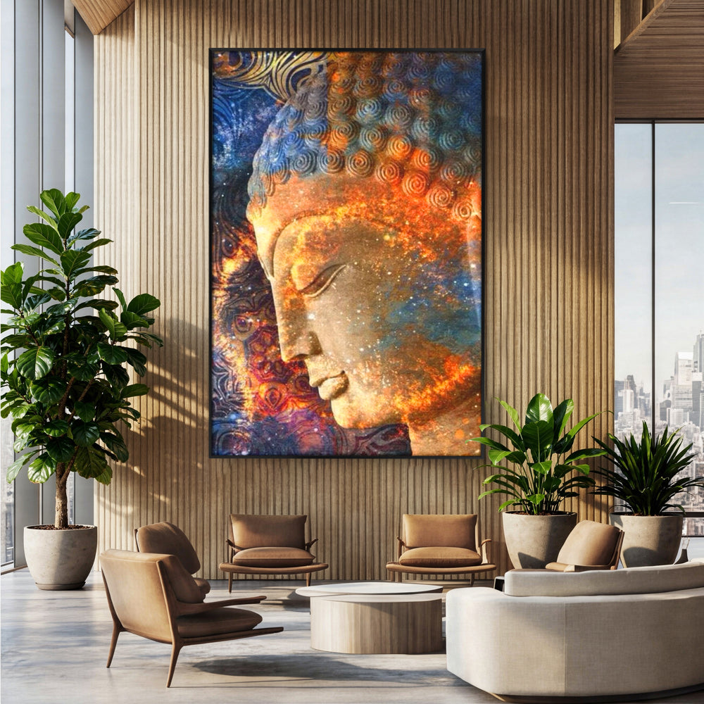 Tablou canvas cu tablou canvas cu profilul lui buddha, in rama de aluminiu negru, pe perete intr-un birou